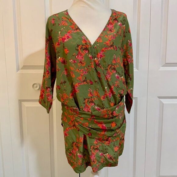 Thakoon Addition Green Floral Hip Drape Silk Mini Dress Size 6 - Picture 1 of 11